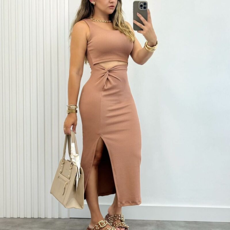 Vestido Aberto com Nó Bege