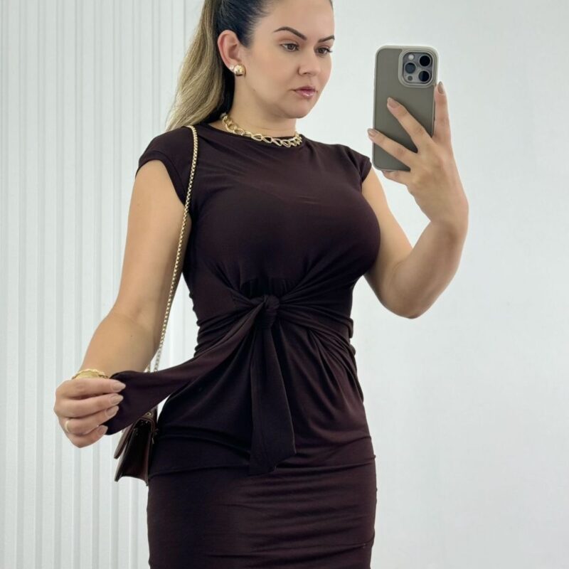 Vestido Amarração Frontal Marrom café